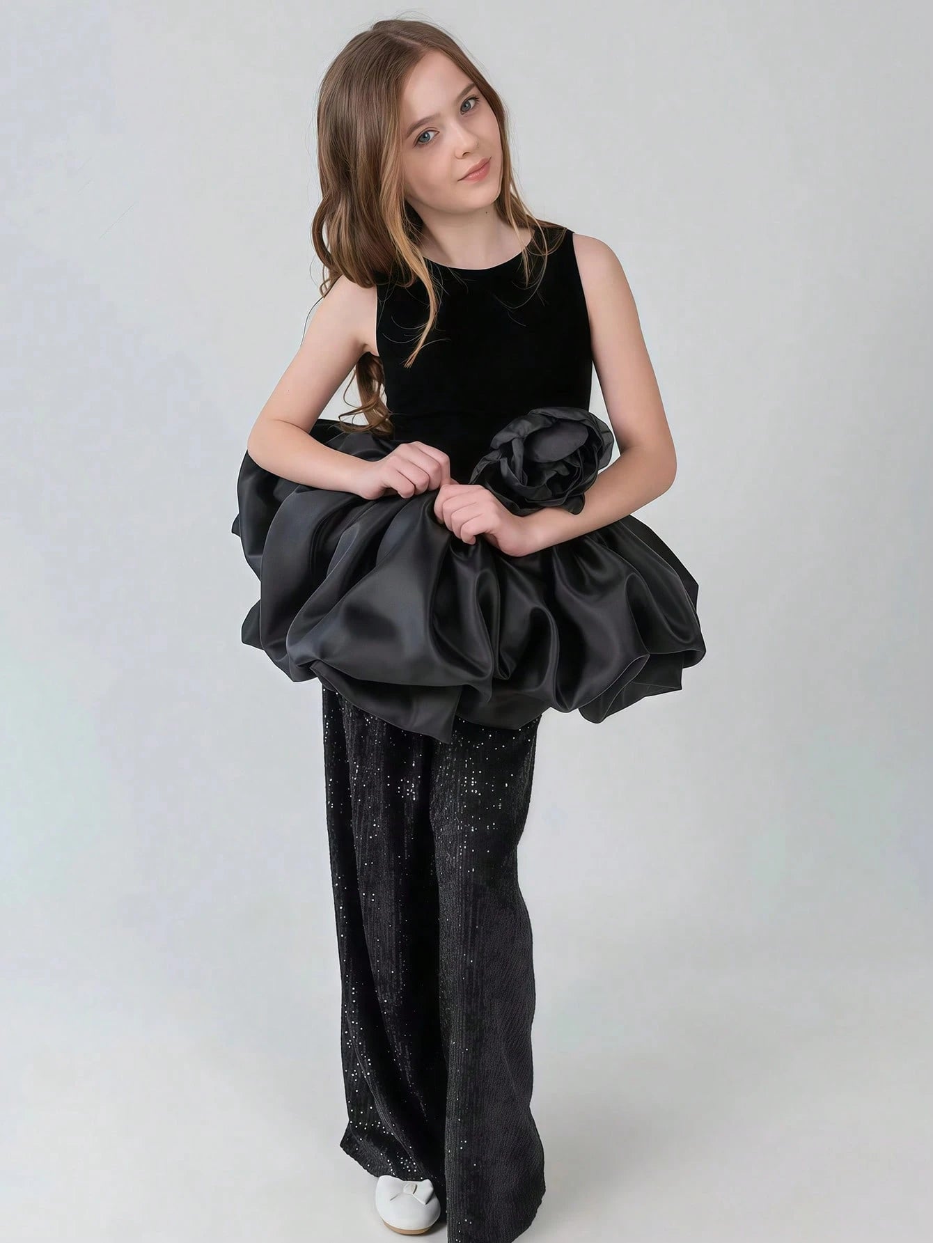 2pcs Big Girls Velvet Peplum Top & Sequin Wide-Leg Pants Set - Onyx...