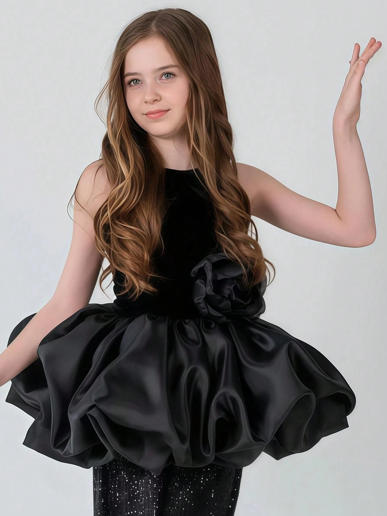 2pcs Big Girls Velvet Peplum Top & Sequin Wide-Leg Pants Set - Onyx...