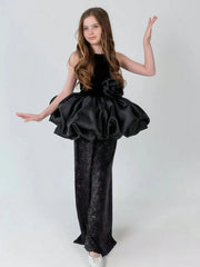 2pcs Big Girls Velvet Peplum Top & Sequin Wide-Leg Pants Set - Onyx...