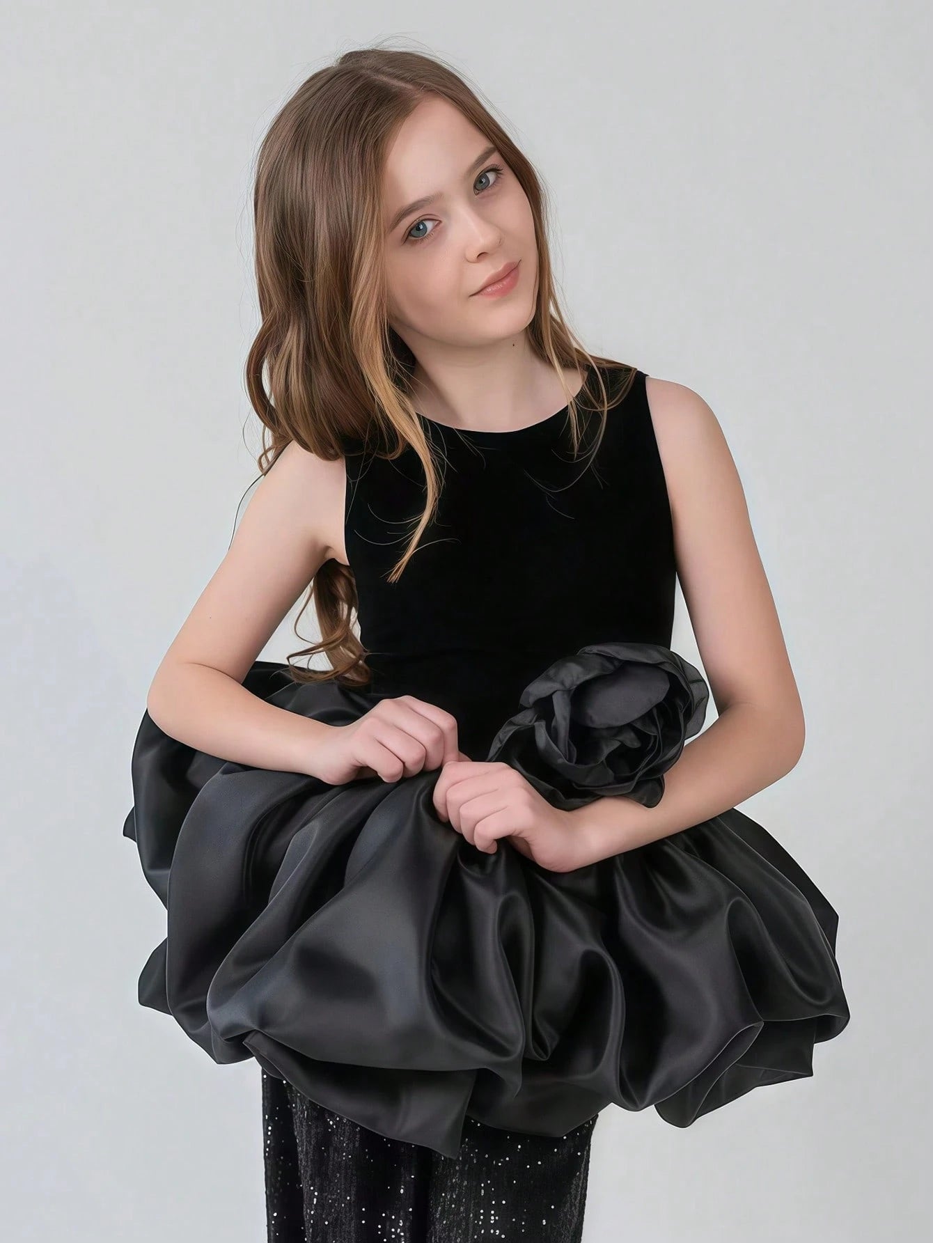 2pcs Big Girls Velvet Peplum Top & Sequin Wide-Leg Pants Set - Onyx...