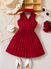 Little Girls Pleated Collar Belted A-Line Dress - Scarlet | 21 Cent...