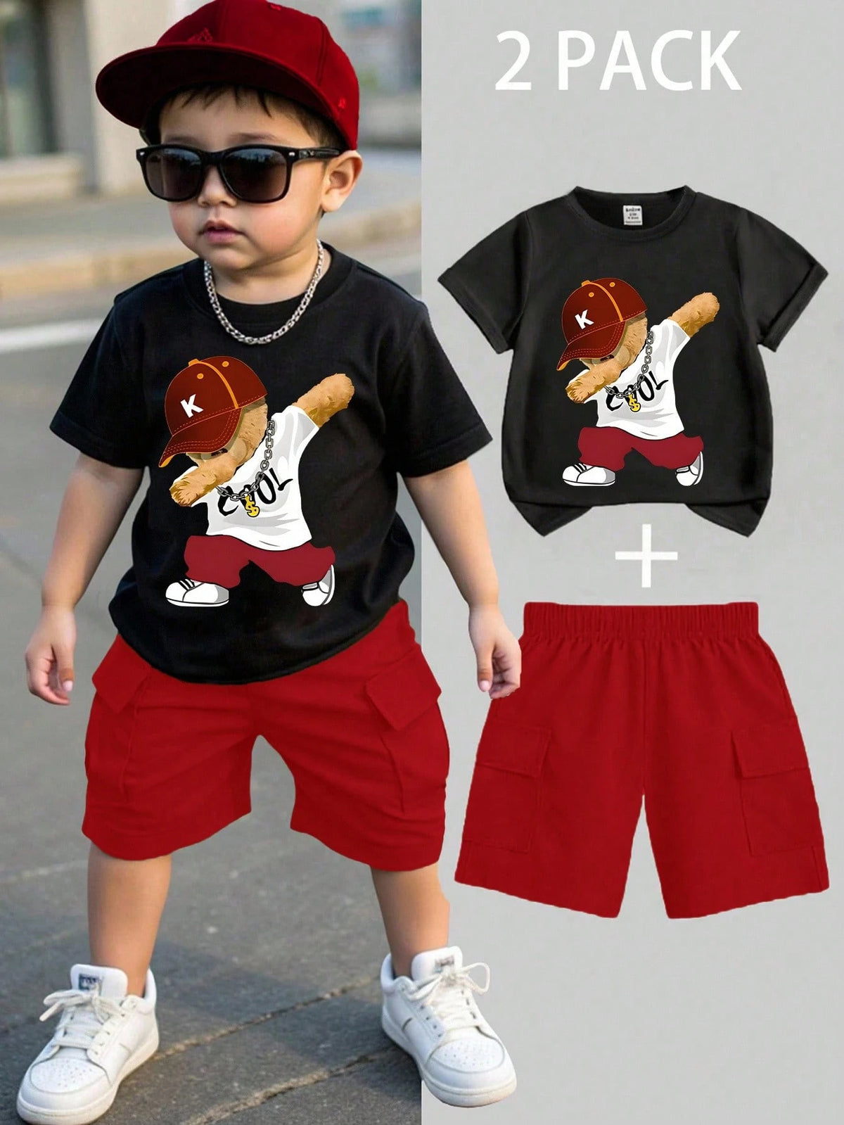 2pcs Boys Dabbing Bear Graphic Tee & Cargo Shorts Set - Onyx | 21 C...