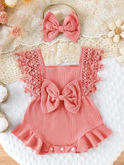 Baby Girls Lace Trim Ribbed Bodysuit Set - Dusty Rose