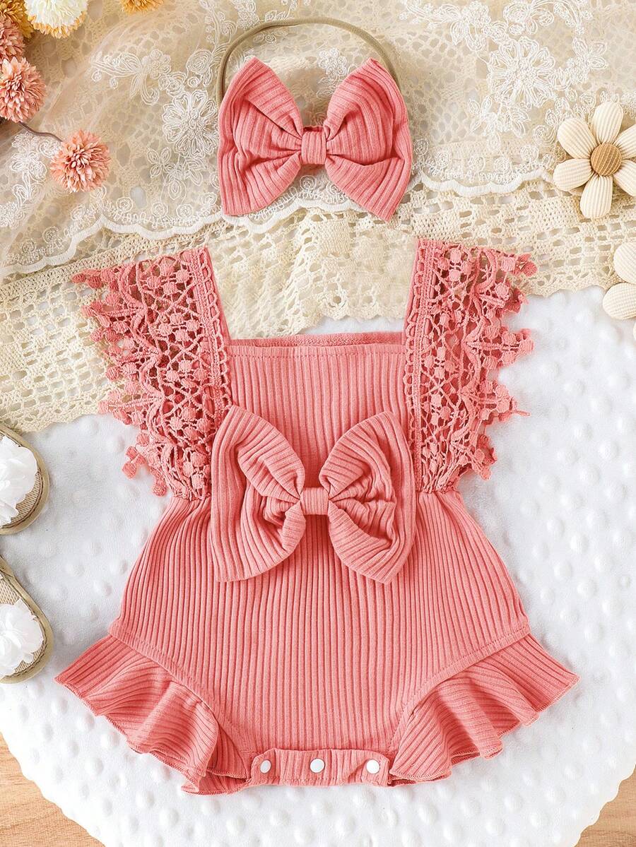 Baby Girls Lace Trim Ribbed Bodysuit Set - Dusty Rose