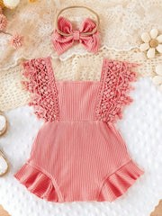 Baby Girls Lace Trim Ribbed Bodysuit Set - Dusty Rose