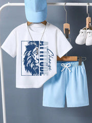 2pcs Big Boys Cartoon Print Tee & Shorts Set - Cobalt