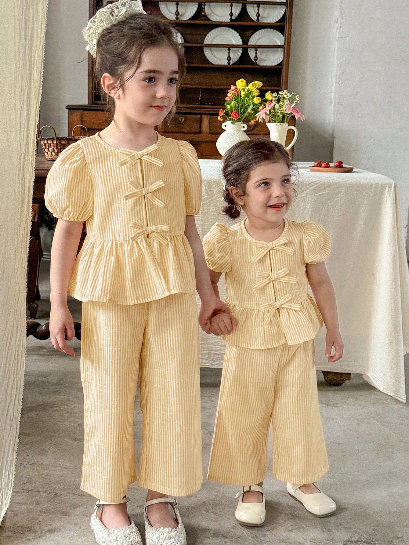 2pcs Girls Striped Bow Peplum Top & Wide-Leg Pants Set - Buttercup ...