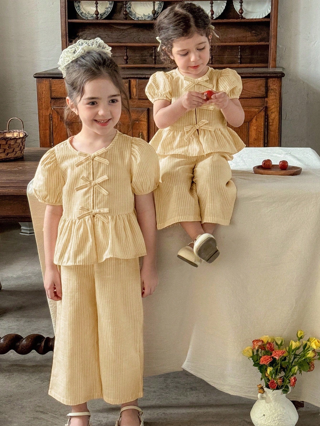 2pcs Girls Striped Bow Peplum Top & Wide-Leg Pants Set - Buttercup ...