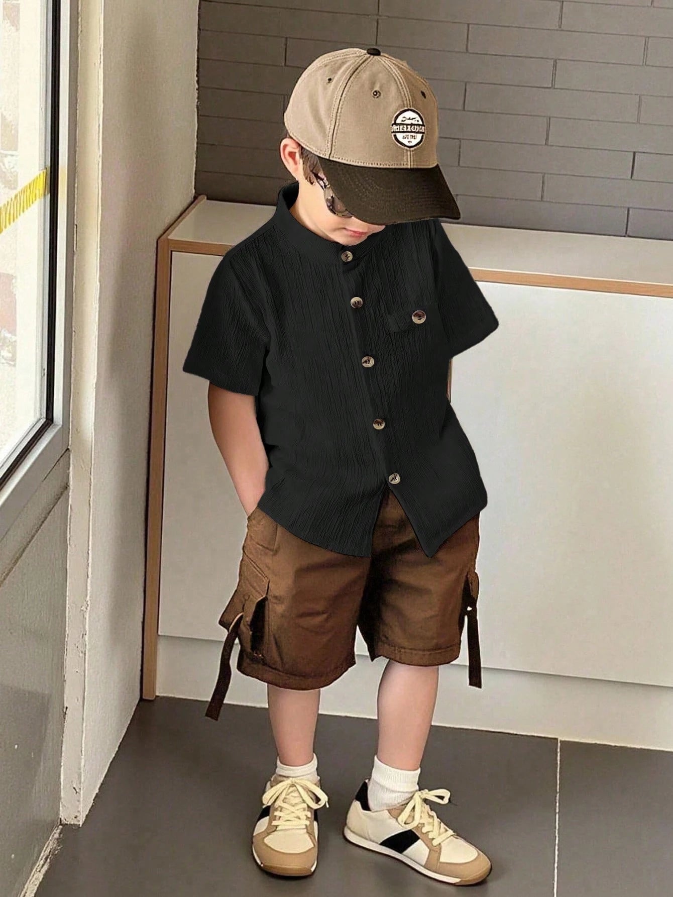 Little Boys Textured Mandarin Collar Button-Front Shirt - Onyx