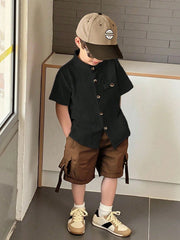 Little Boys Textured Mandarin Collar Button-Front Shirt - Onyx