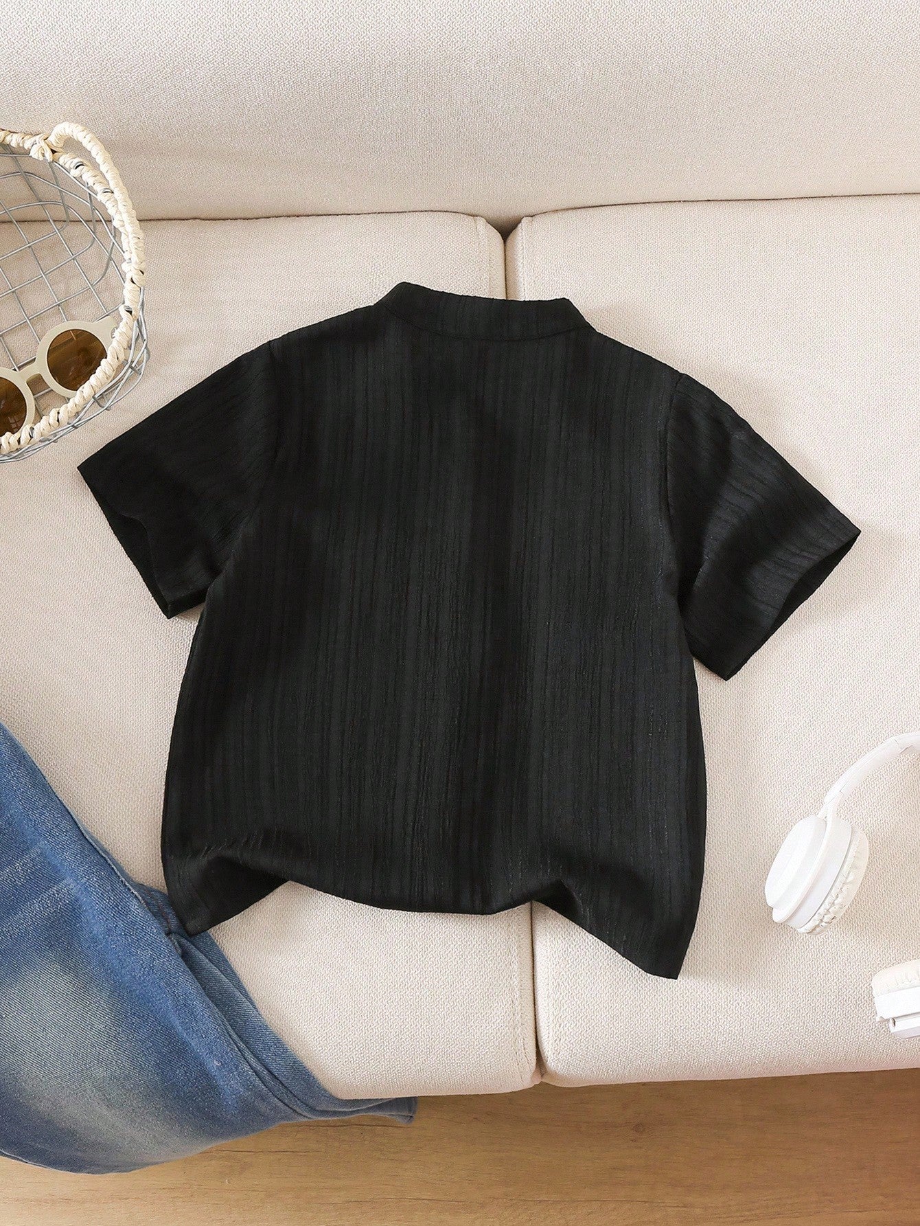 Little Boys Textured Mandarin Collar Button-Front Shirt - Onyx