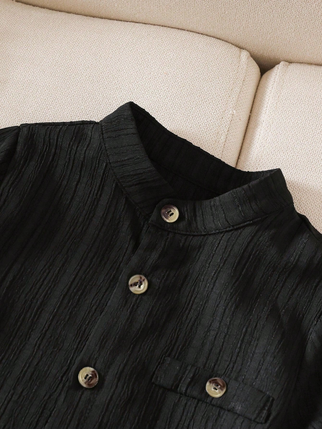 Little Boys Textured Mandarin Collar Button-Front Shirt - Onyx