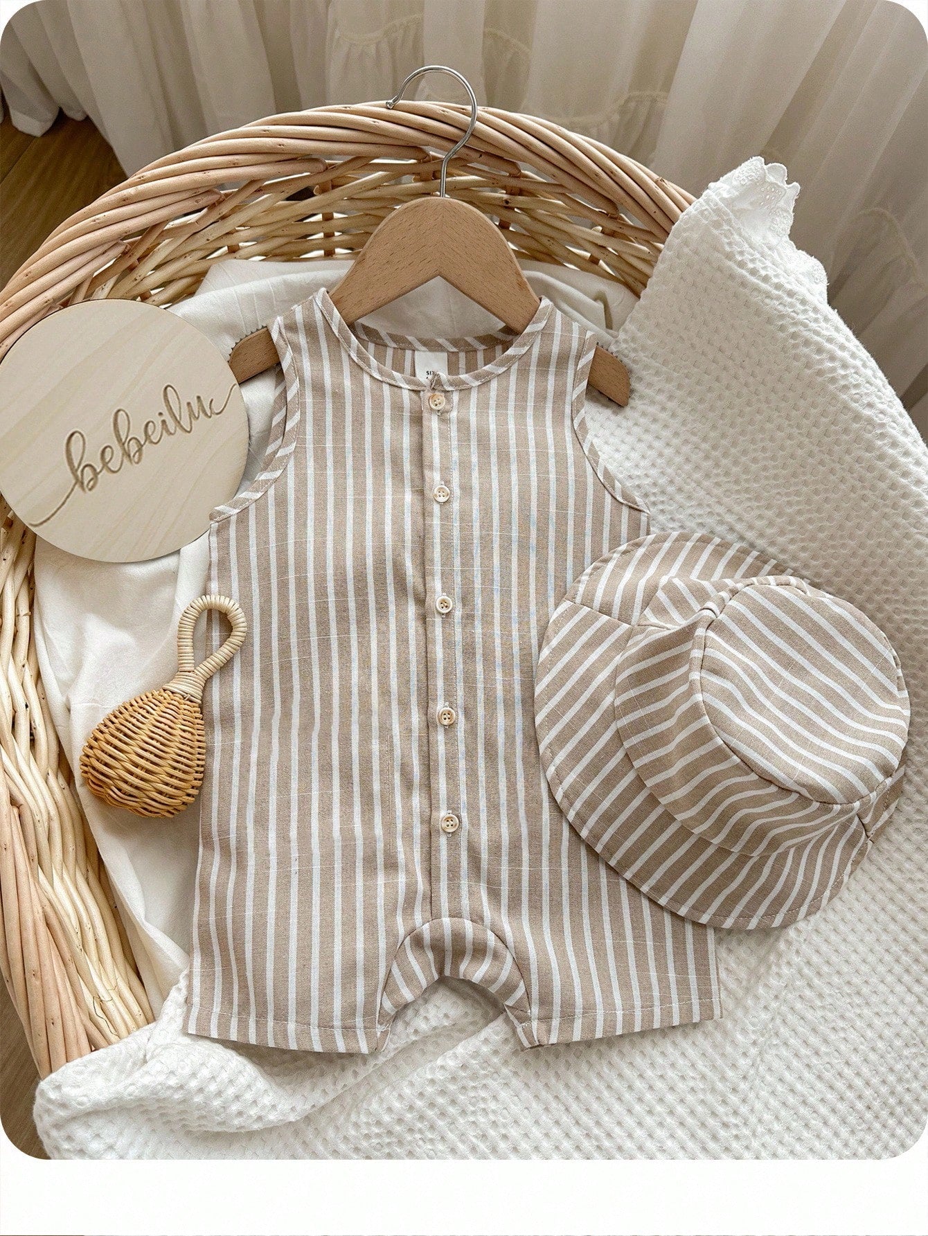 2pcs Unisex Striped Romper & Bucket Hat Set - Taupe | 21 Century Kids