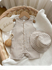 2pcs Unisex Striped Romper & Bucket Hat Set - Taupe | 21 Century Kids