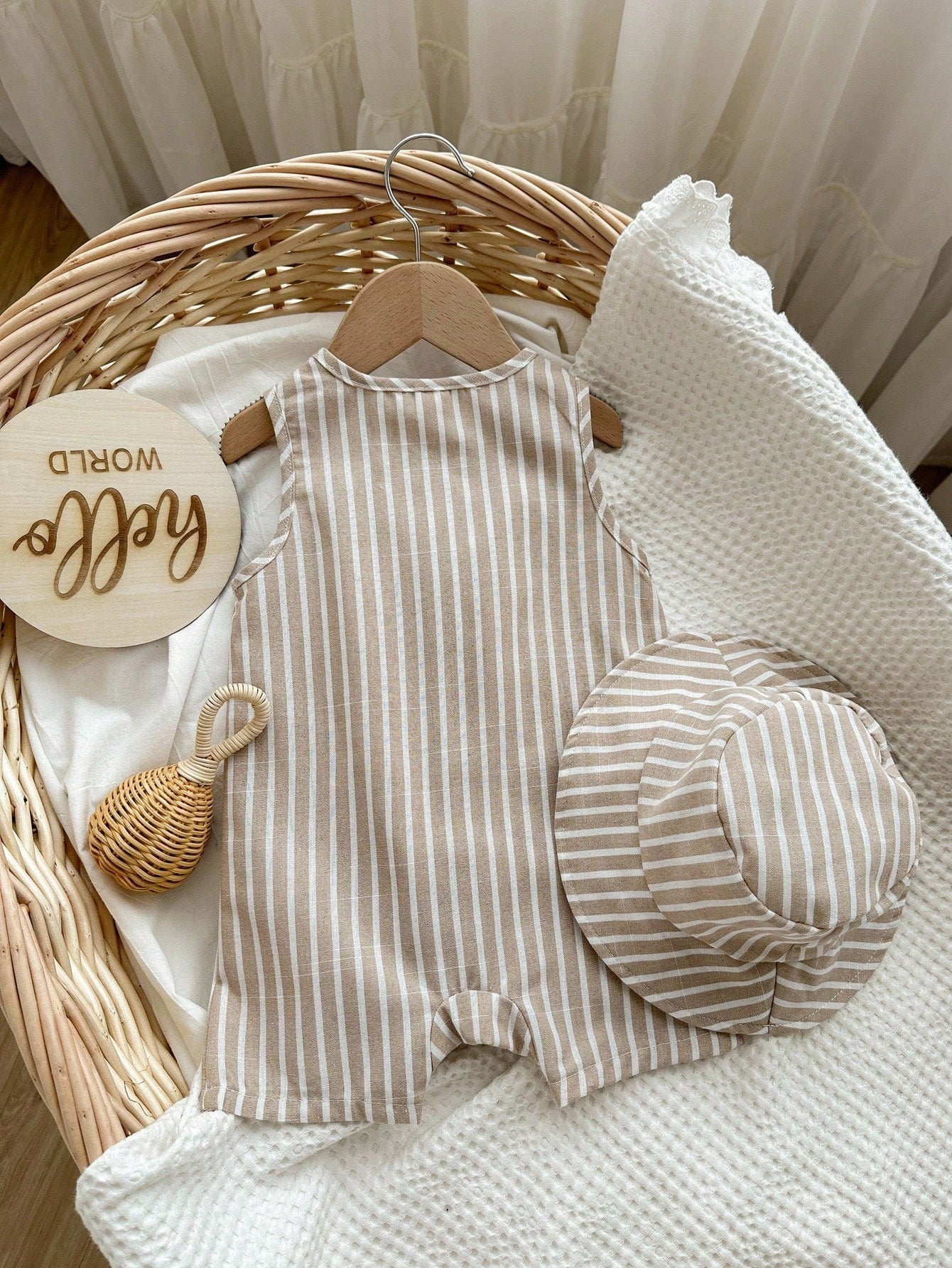 2pcs Unisex Striped Romper & Bucket Hat Set - Taupe | 21 Century Kids