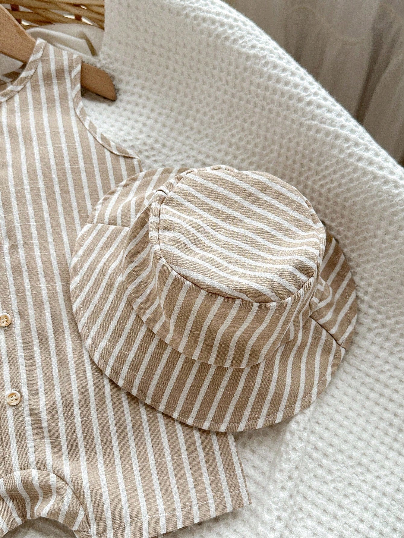 2pcs Unisex Striped Romper & Bucket Hat Set - Taupe | 21 Century Kids