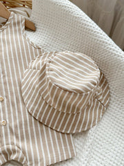 2pcs Unisex Striped Romper & Bucket Hat Set - Taupe | 21 Century Kids