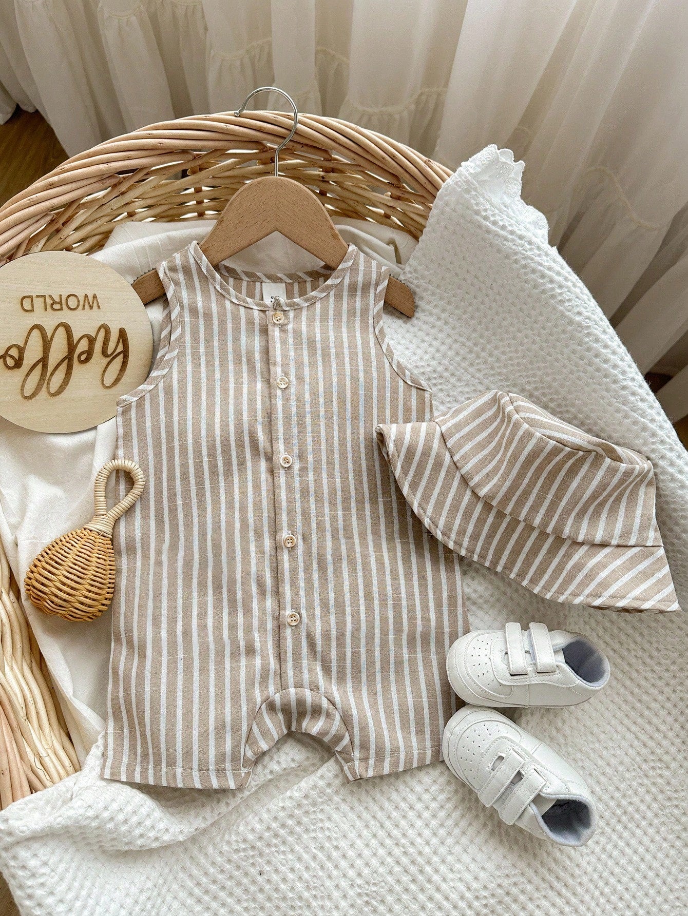 2pcs Unisex Striped Romper & Bucket Hat Set - Taupe | 21 Century Kids