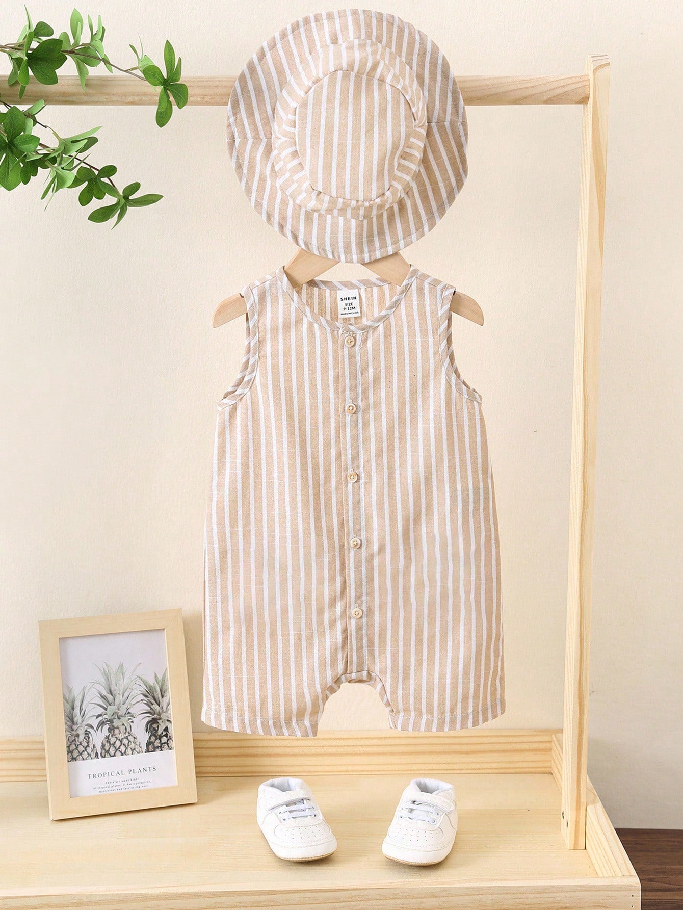2pcs Unisex Striped Romper & Bucket Hat Set - Taupe | 21 Century Kids