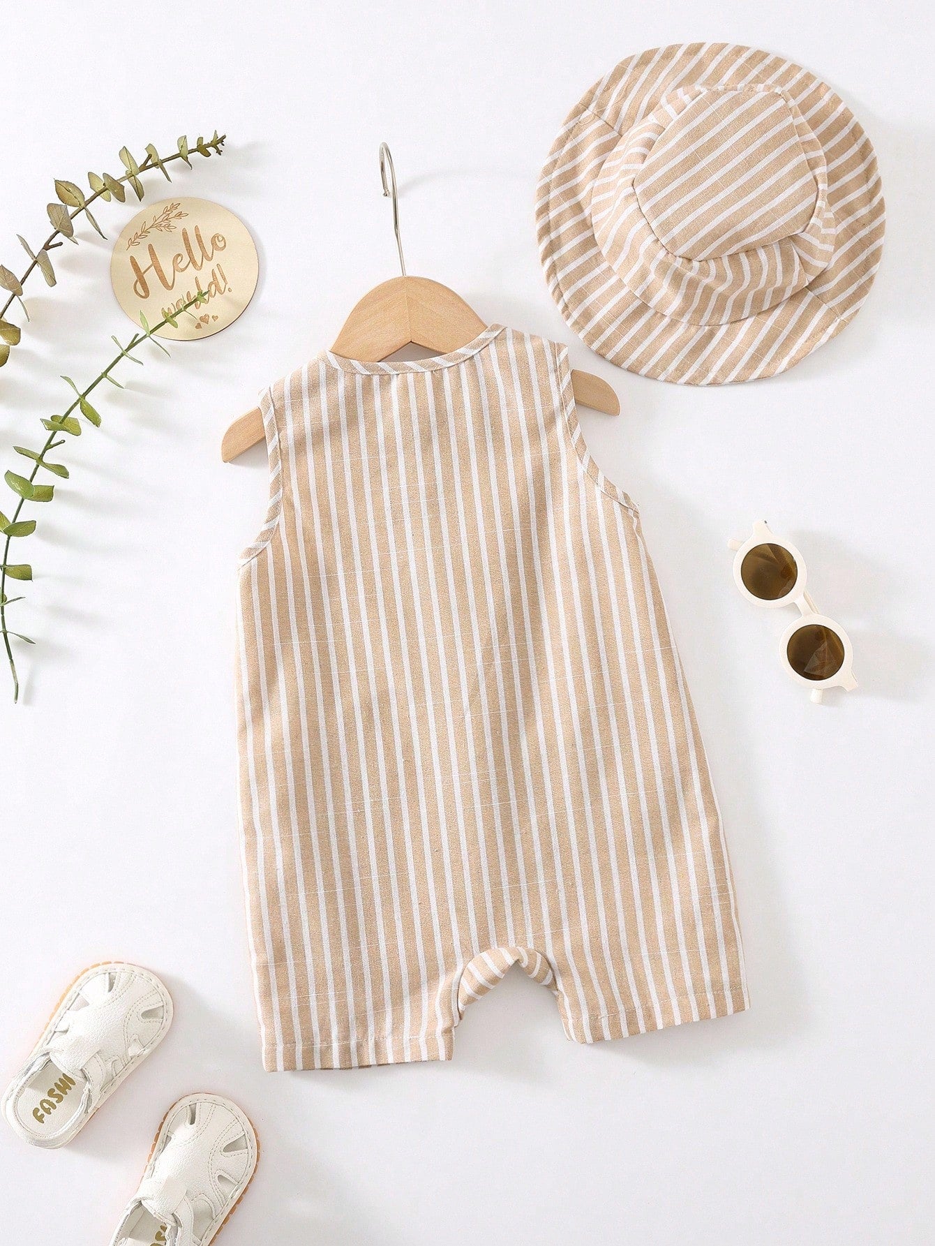 2pcs Unisex Striped Romper & Bucket Hat Set - Taupe | 21 Century Kids