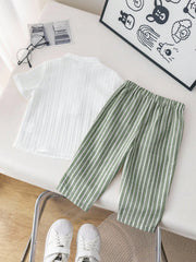 2pcs Boys Mandarin Collar Shirt & Striped Pants Set - Ivory | 21 Ce...