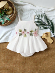 Girls Floral Embroidered Ribbed Cami Romper - Ivory