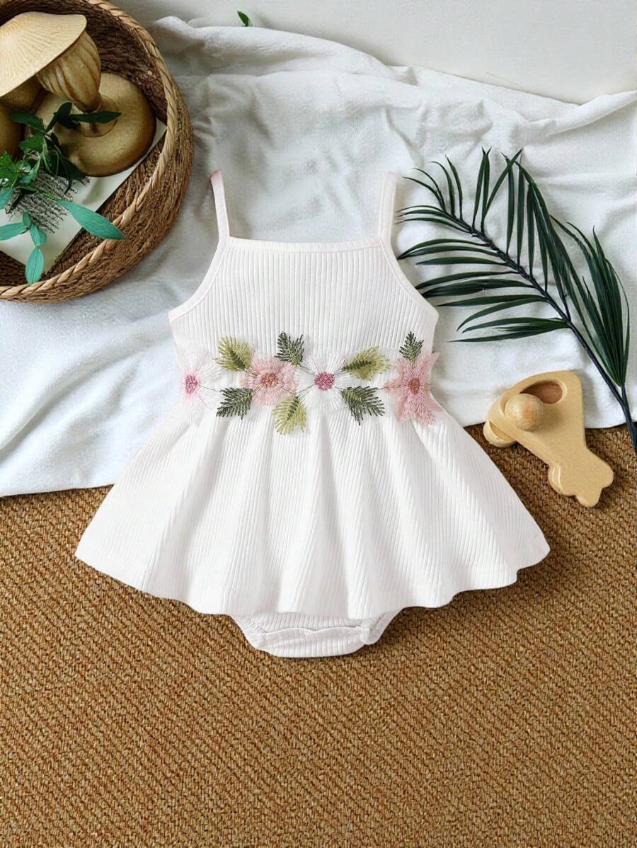 Girls Floral Embroidered Ribbed Cami Romper - Ivory