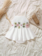 Girls Floral Embroidered Ribbed Cami Romper - Ivory