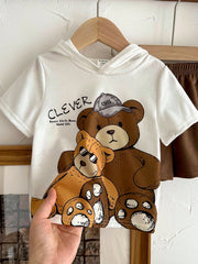 2pcs Unisex Clever Bear Graphic Hooded Tee & Shorts Set - Ivory | 2...