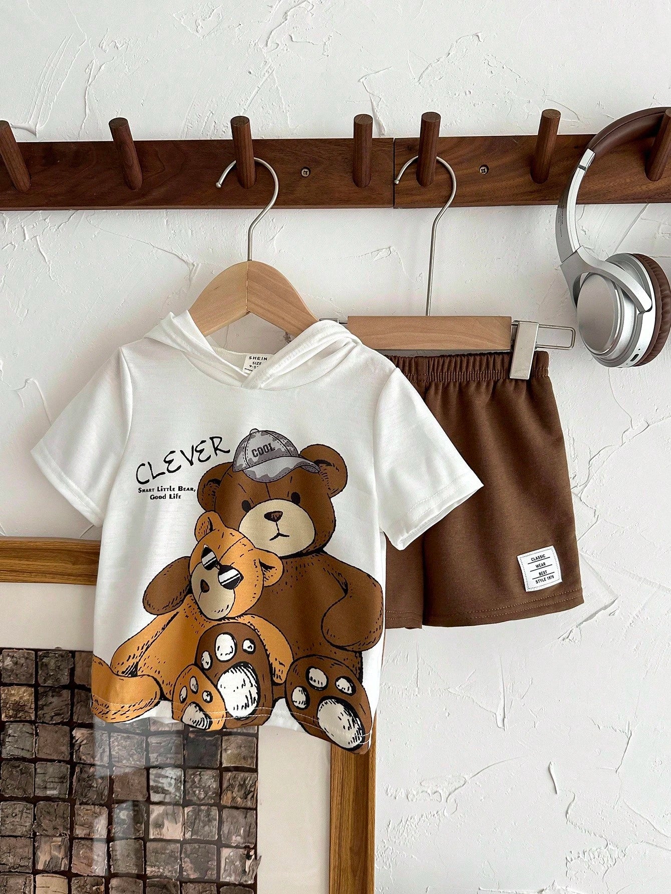 2pcs Unisex Clever Bear Graphic Hooded Tee & Shorts Set - Ivory | 2...