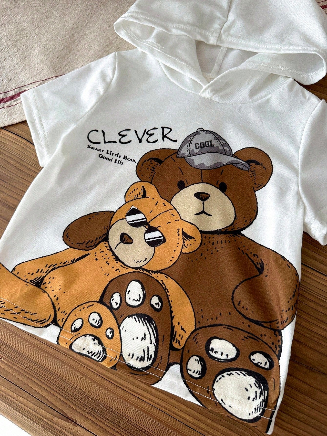 2pcs Unisex Clever Bear Graphic Hooded Tee & Shorts Set - Ivory | 2...