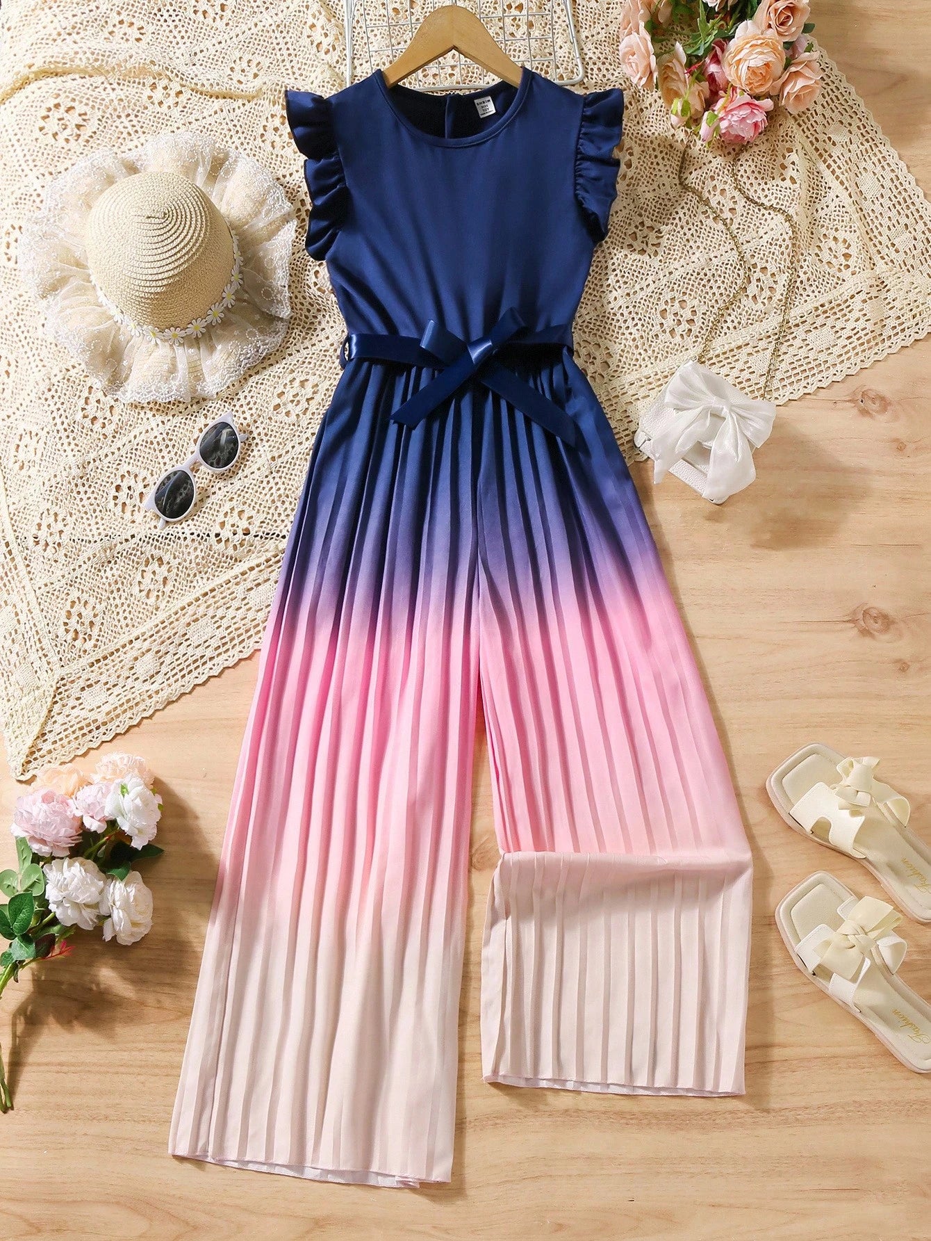 Big Girls Ruffle Sleeve Ombré Pleated Wide-Leg Jumpsuit - Midnight ...