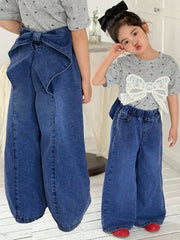 Little Girls Bow-Back Wide Leg Denim Jeans - Cobalt | 21 Century Kids