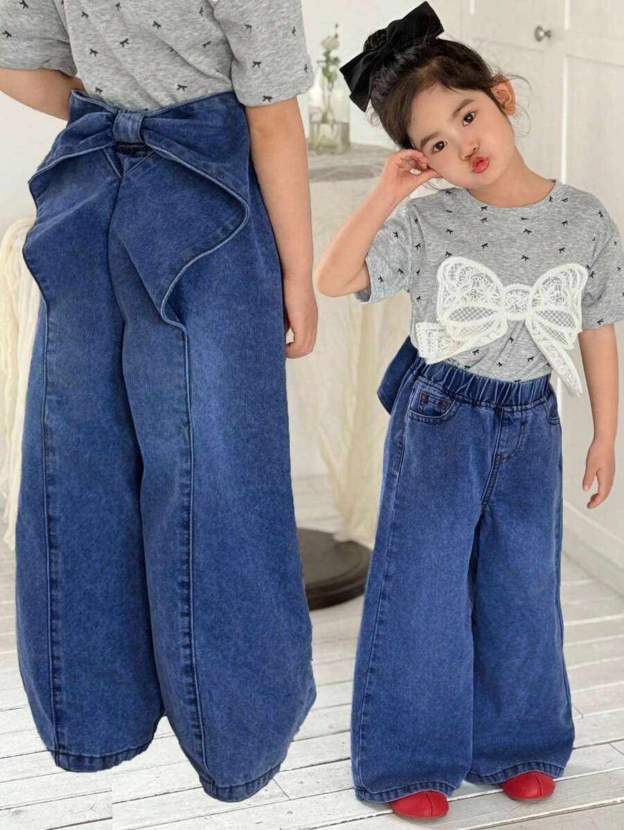 Little Girls Bow-Back Wide Leg Denim Jeans - Cobalt | 21 Century Kids