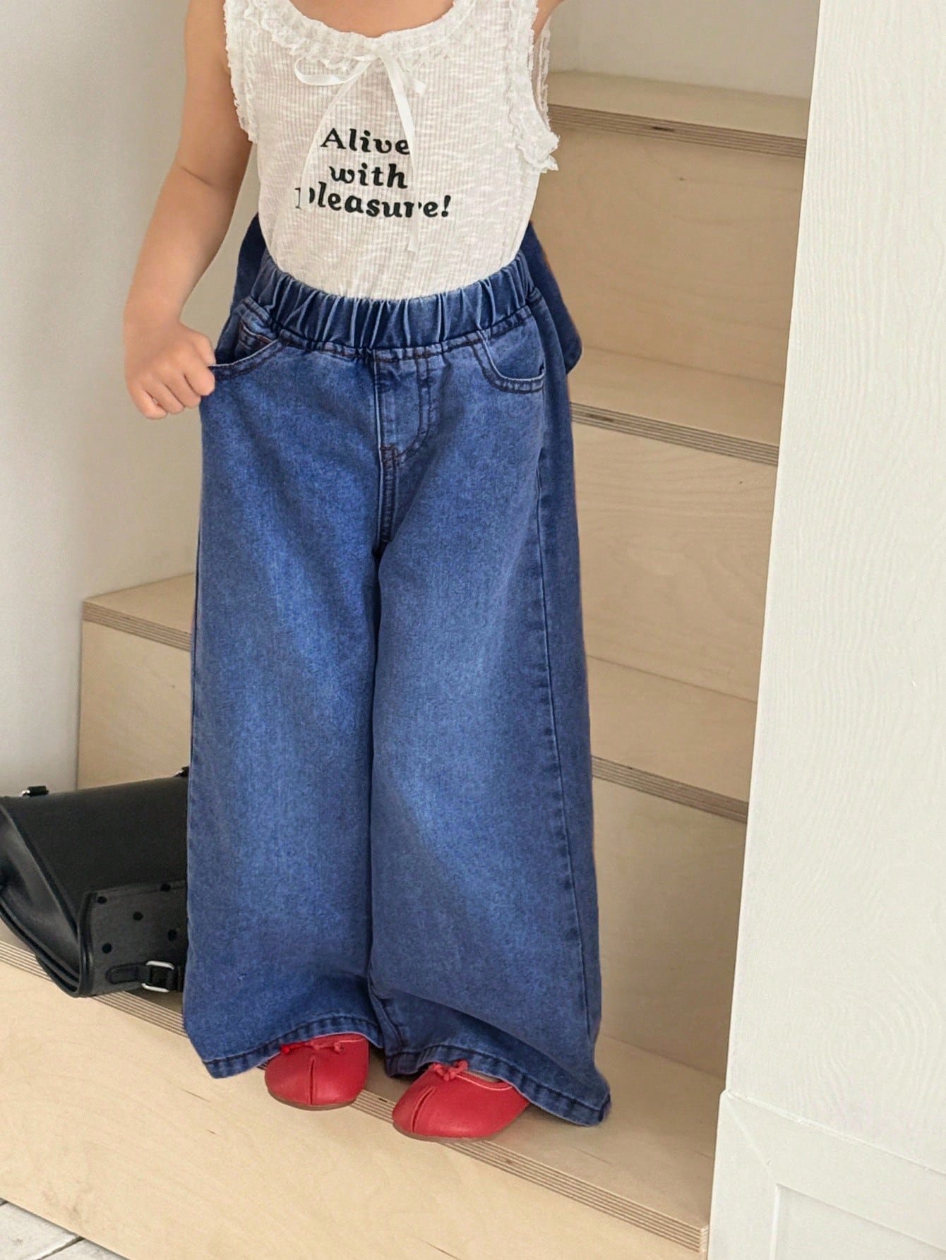 Little Girls Bow-Back Wide Leg Denim Jeans - Cobalt | 21 Century Kids