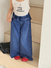 Little Girls Bow-Back Wide Leg Denim Jeans - Cobalt | 21 Century Kids