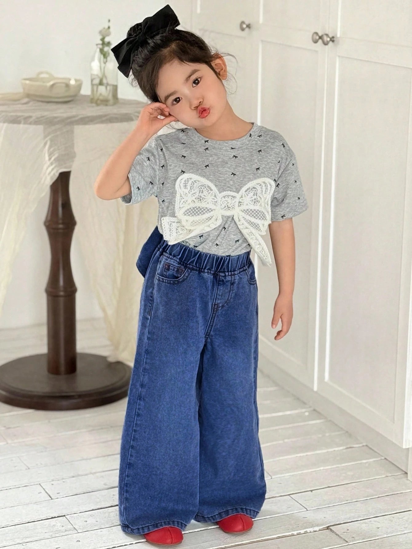 Little Girls Bow-Back Wide Leg Denim Jeans - Cobalt | 21 Century Kids