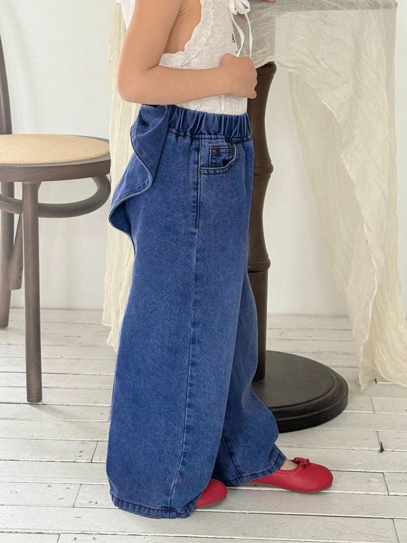 Little Girls Bow-Back Wide Leg Denim Jeans - Cobalt | 21 Century Kids