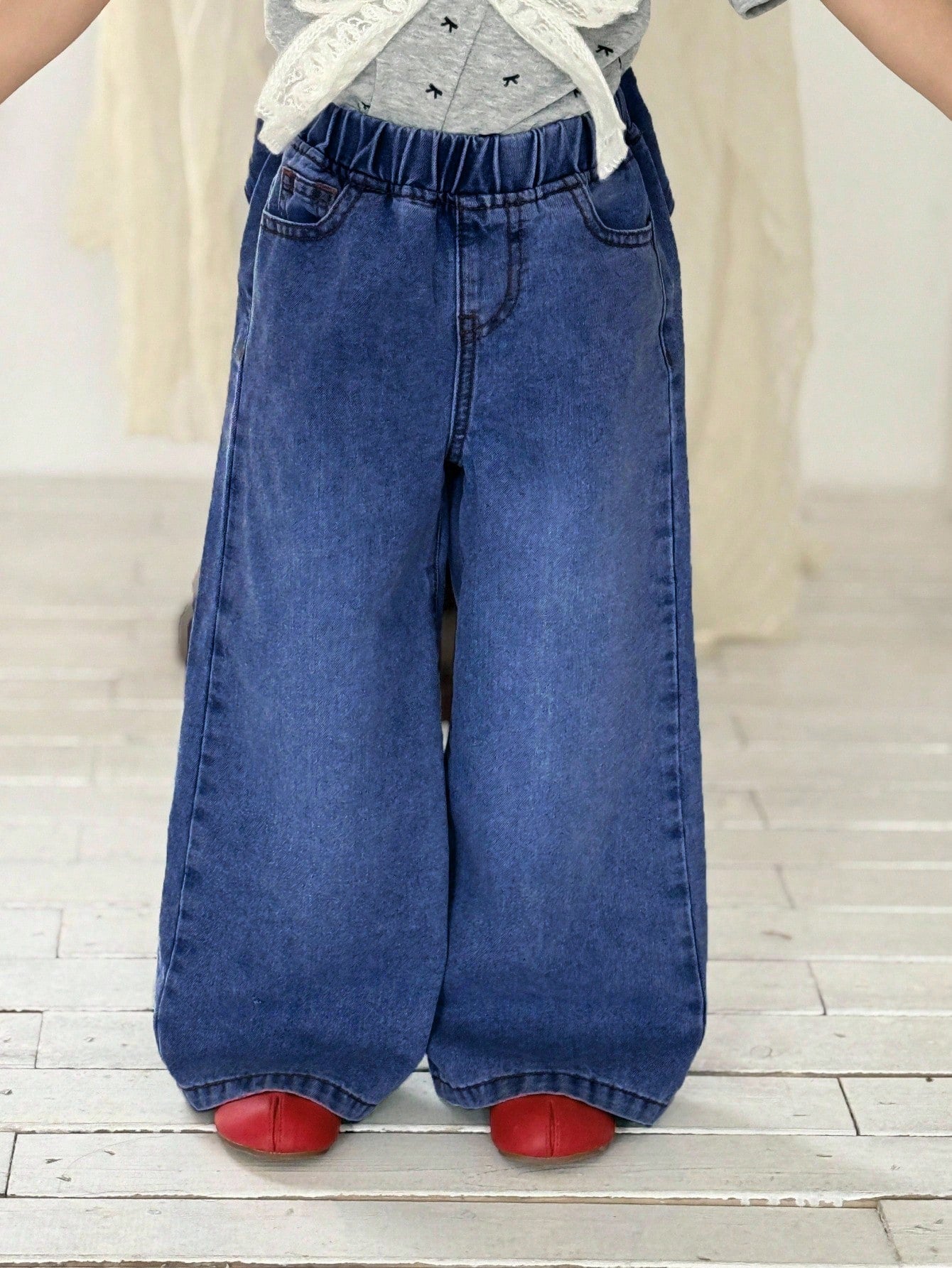 Little Girls Bow-Back Wide Leg Denim Jeans - Cobalt | 21 Century Kids
