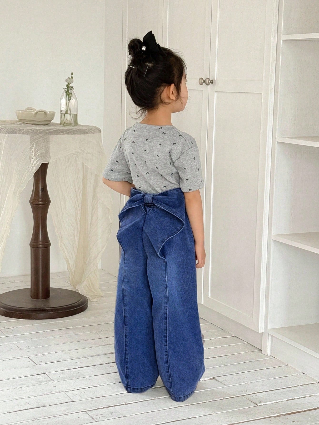 Little Girls Bow-Back Wide Leg Denim Jeans - Cobalt | 21 Century Kids