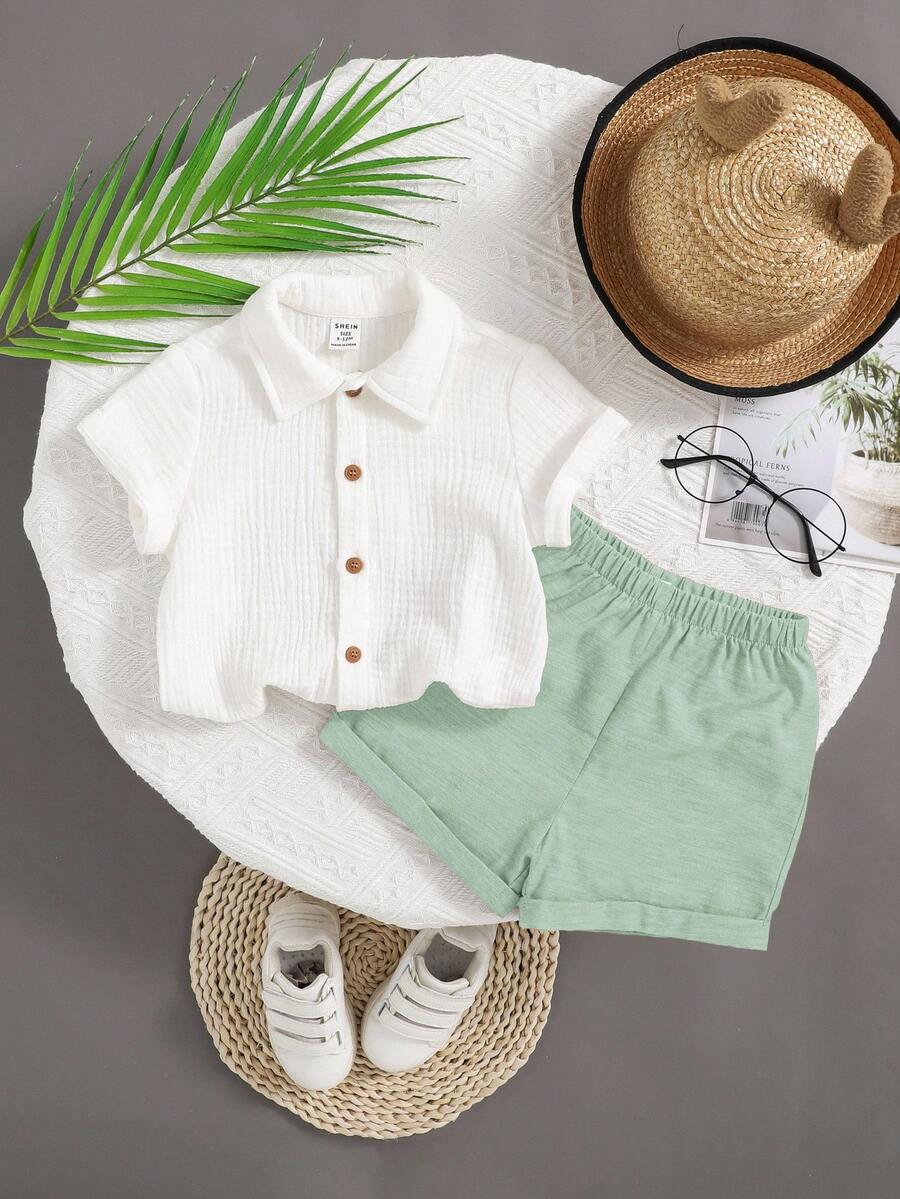 Boys Linen Collar Shirt & Shorts Set - Sage
