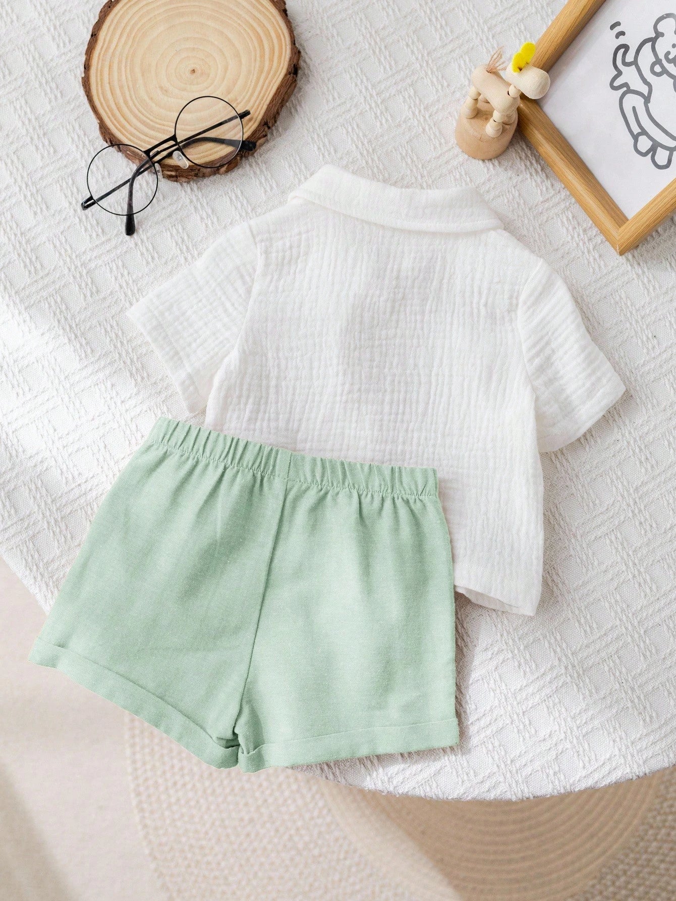 Boys Linen Collar Shirt & Shorts Set - Sage