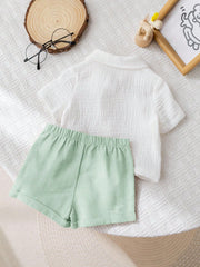 Boys Linen Collar Shirt & Shorts Set - Sage