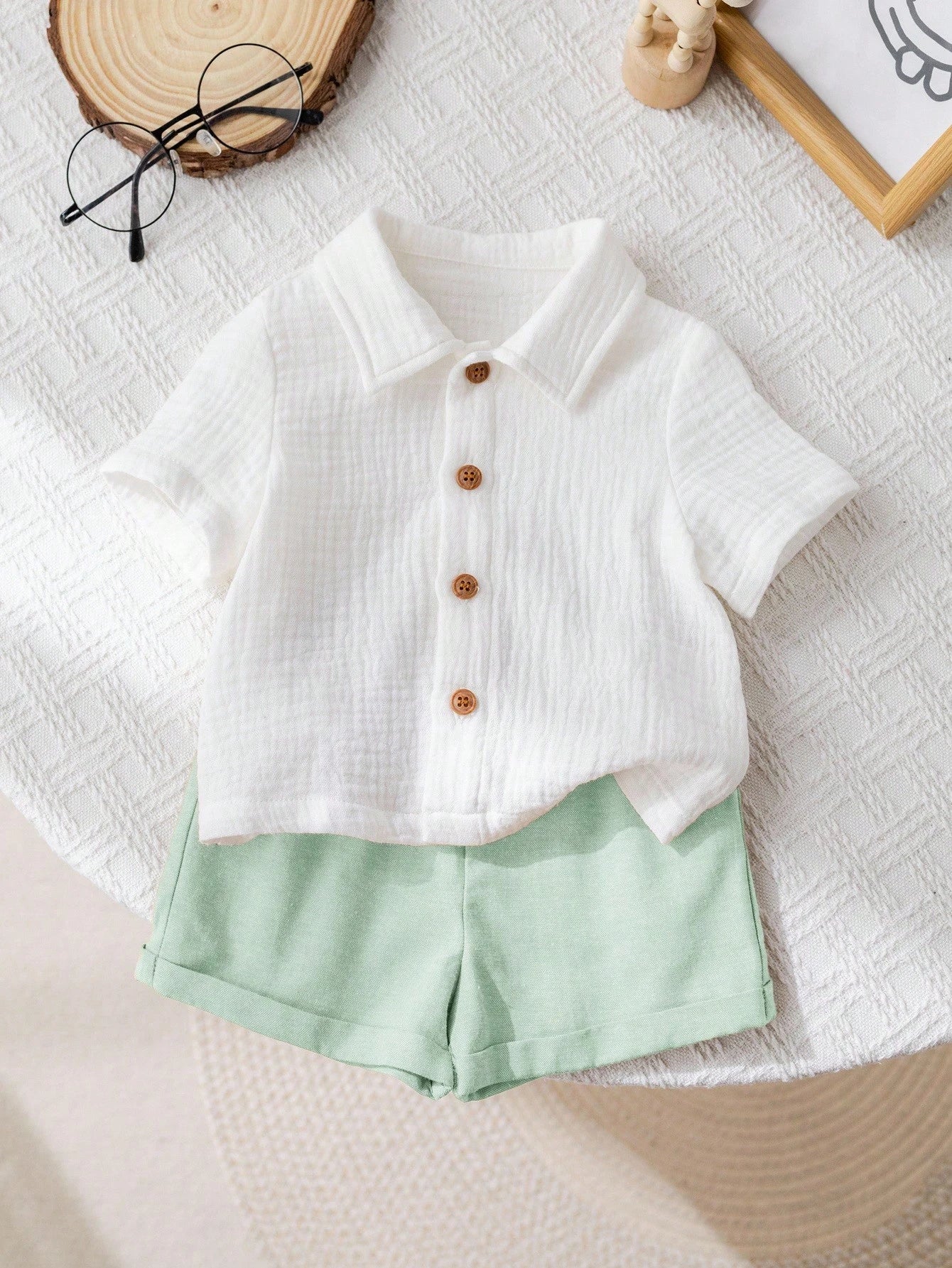 Boys Linen Collar Shirt & Shorts Set - Sage