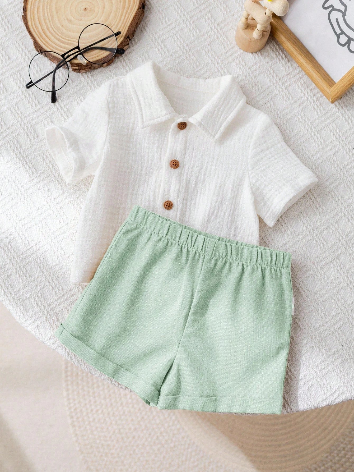 Boys Linen Collar Shirt & Shorts Set - Sage