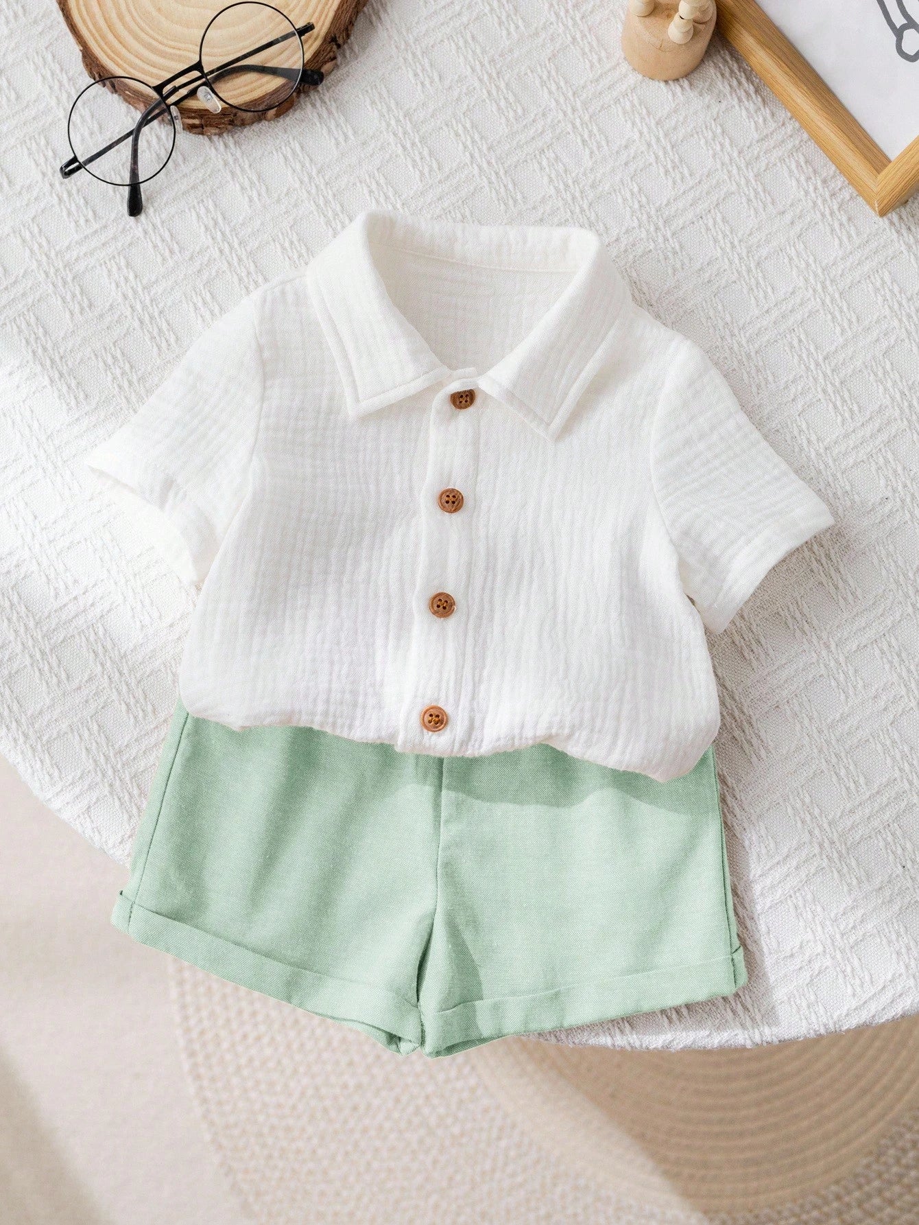 Boys Linen Collar Shirt & Shorts Set - Sage