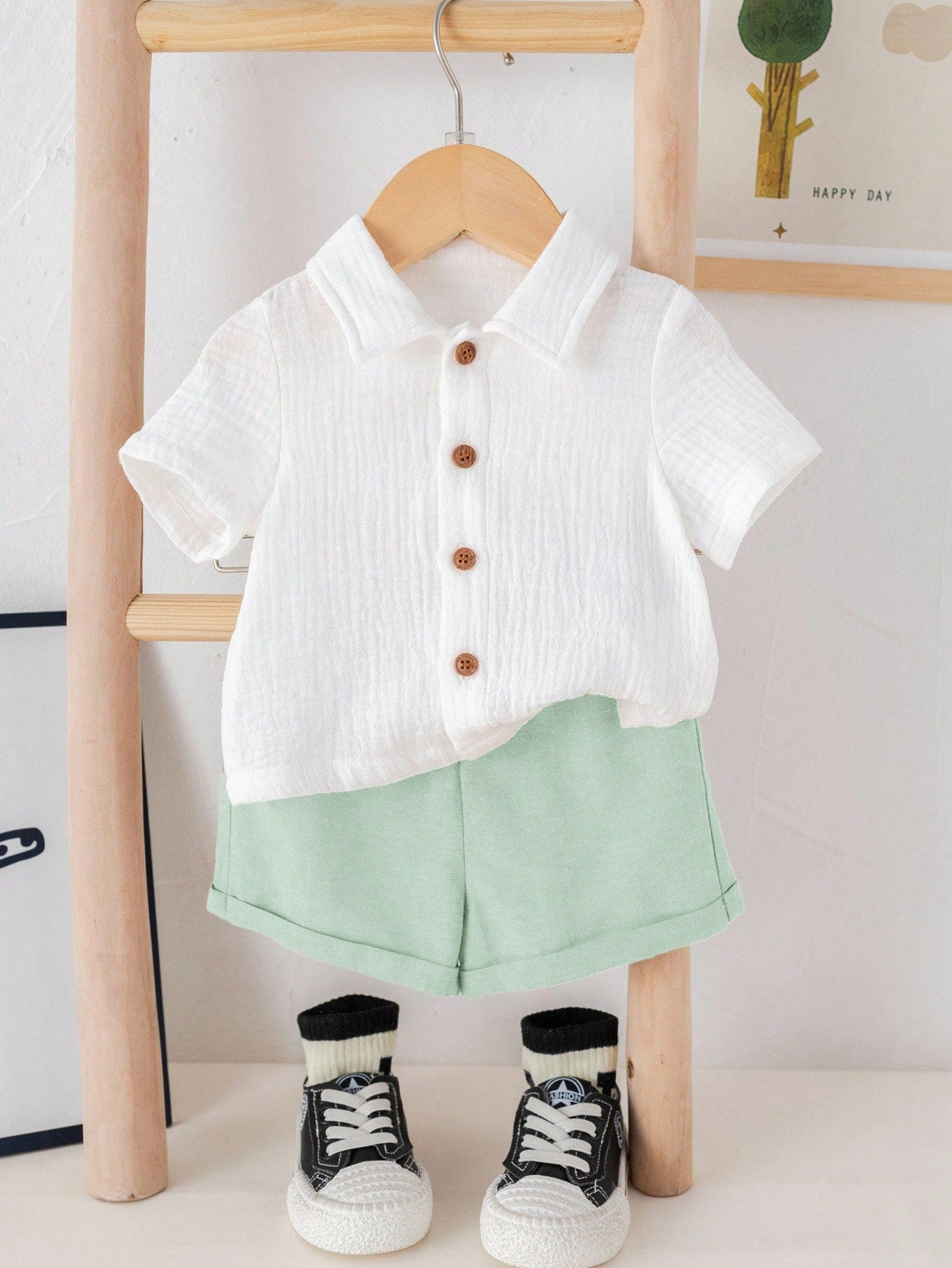 Boys Linen Collar Shirt & Shorts Set - Sage