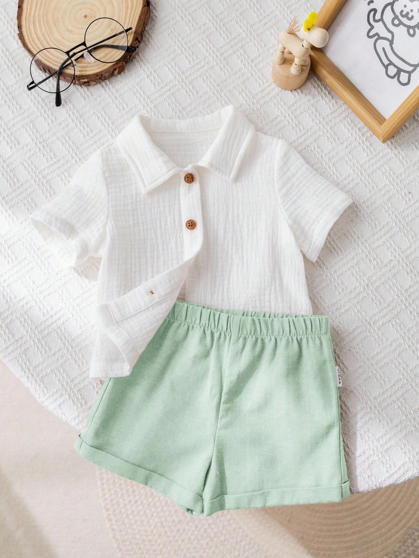 Boys Linen Collar Shirt & Shorts Set - Sage