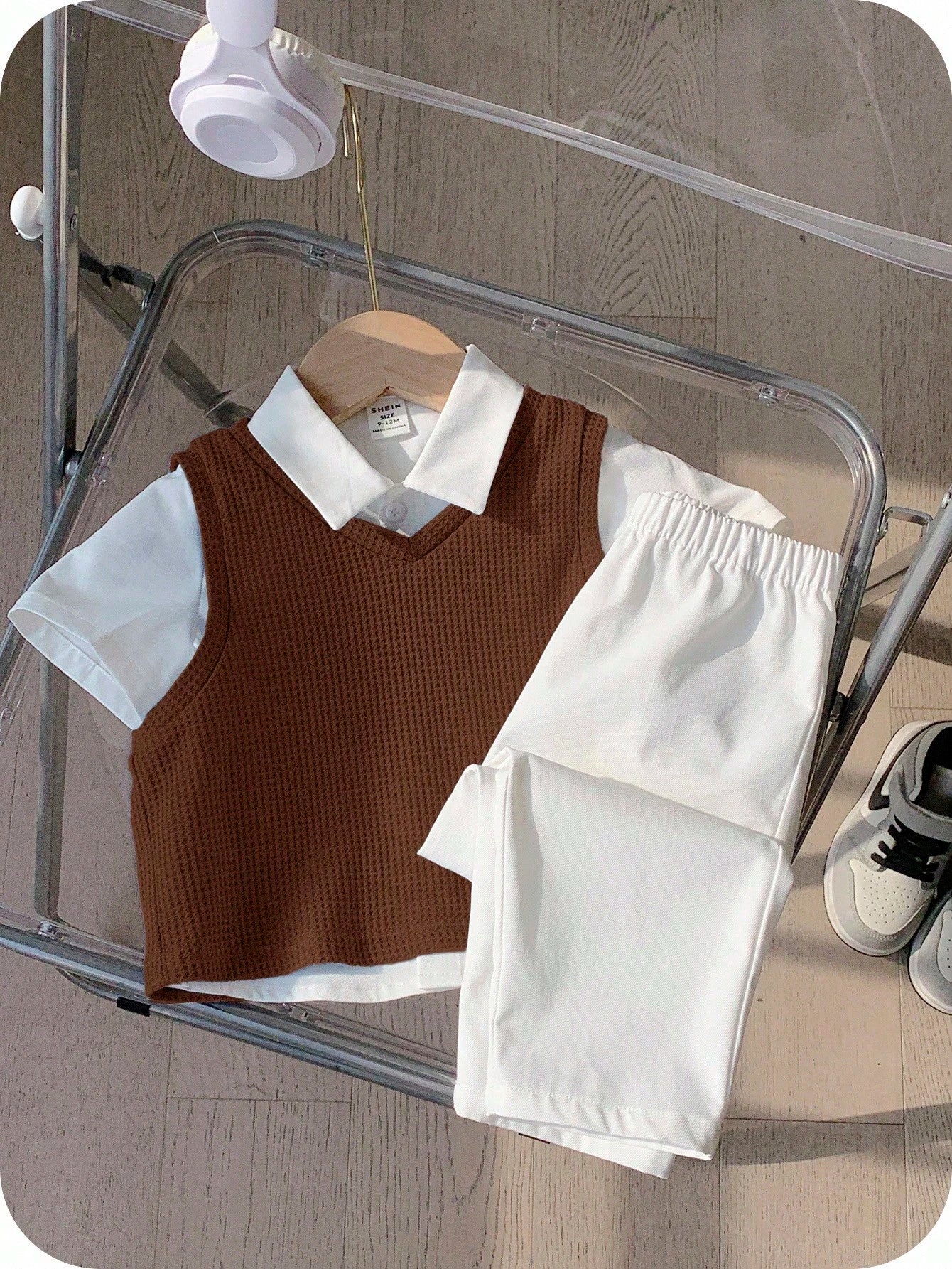 3pcs Boys Waffle Knit Vest, Shirt & Trousers Set - Wenge | 21 Centu...