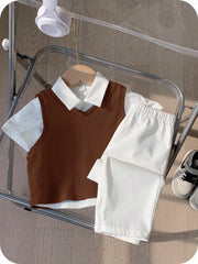 3pcs Boys Waffle Knit Vest, Shirt & Trousers Set - Wenge | 21 Centu...